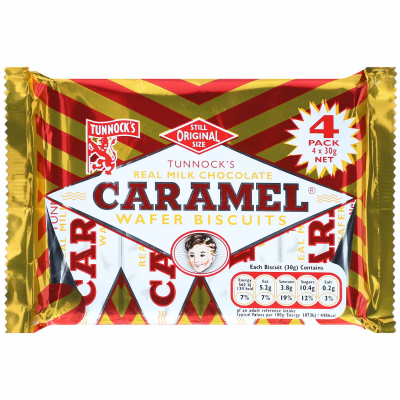  Tunnock's Caramel Milk Chocolate Wafer Biscuits 4x30g 