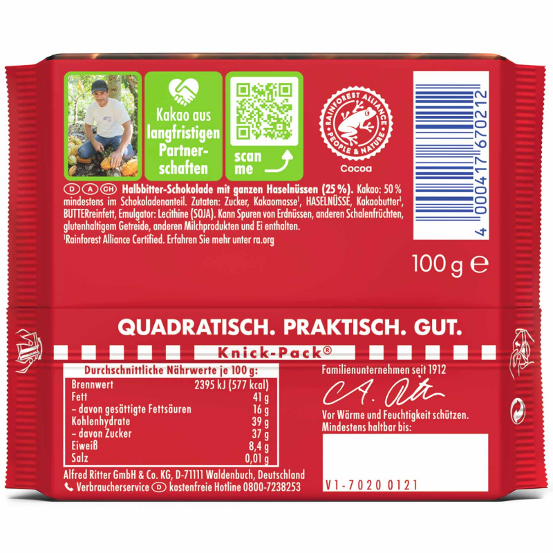  Ritter Sport Nuss-Klasse Dunkle Voll-Nuss 100g 