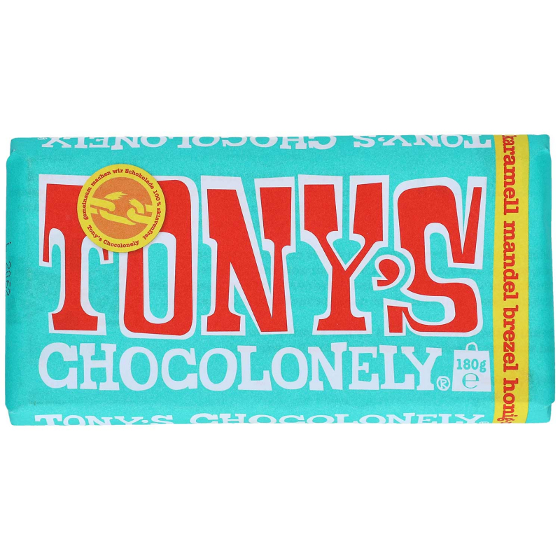  Tony's Chocolonely Vollmilchschokolade Karamell Mandel Brezel Honig-Mandel-Nougat Meersalz 180g 