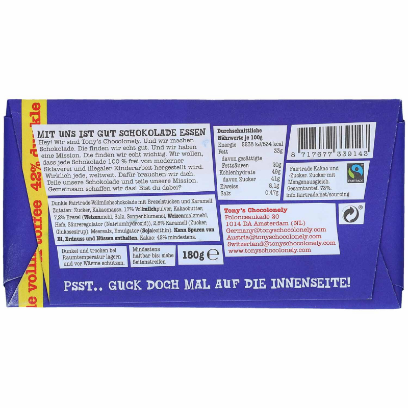  Tony's Chocolonely Dunkle Vollmilchschokolade 42% Brezel Toffee 180g 