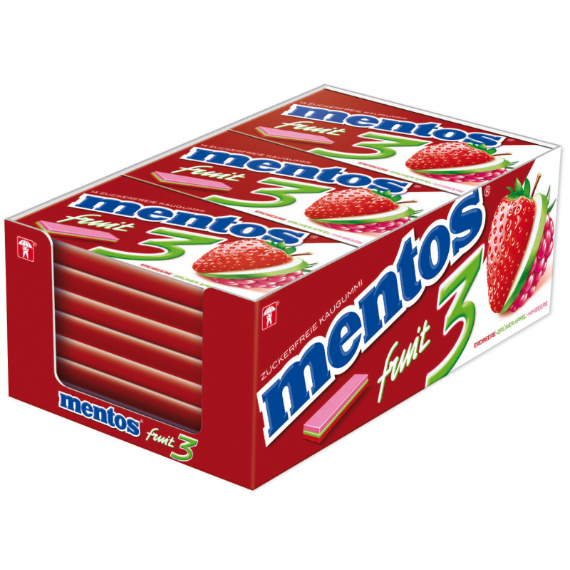  mentos Fruit 3 Kaugummi Erdbeere-Grüner Apfel-Himbeere 14er 